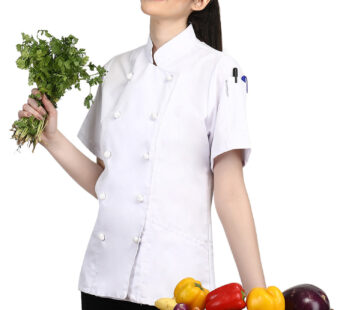 Short Sleeves Knotted Cloth Buttons Women Chef Coat Jacket Uniform ideal for food service, Caterers and Culinary professional – White