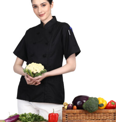Short Sleeves Knotted Cloth Buttons Women Chef Coat Jacket Uniform ideal for food service, Caterers and Culinary professional – Black