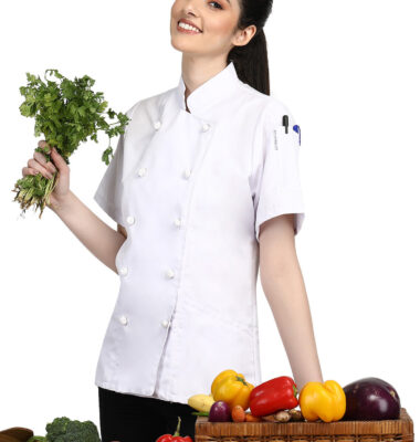 Short Sleeves Knotted Cloth Buttons Women Chef Coat Jacket Uniform ideal for food service, Caterers and Culinary professional